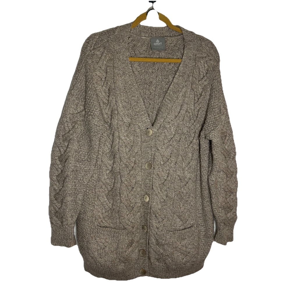 Aran Woollen Mills Cardigan XL Super Soft Merino Beige Cable Knit Made Ireland